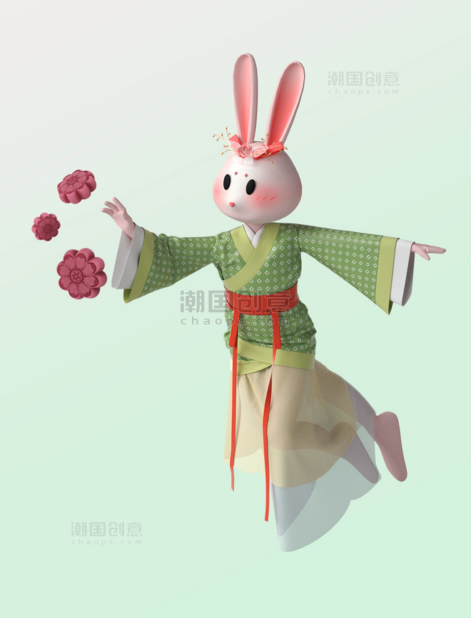 3D立体中秋节国潮风兔子中国风拟人月饼人物