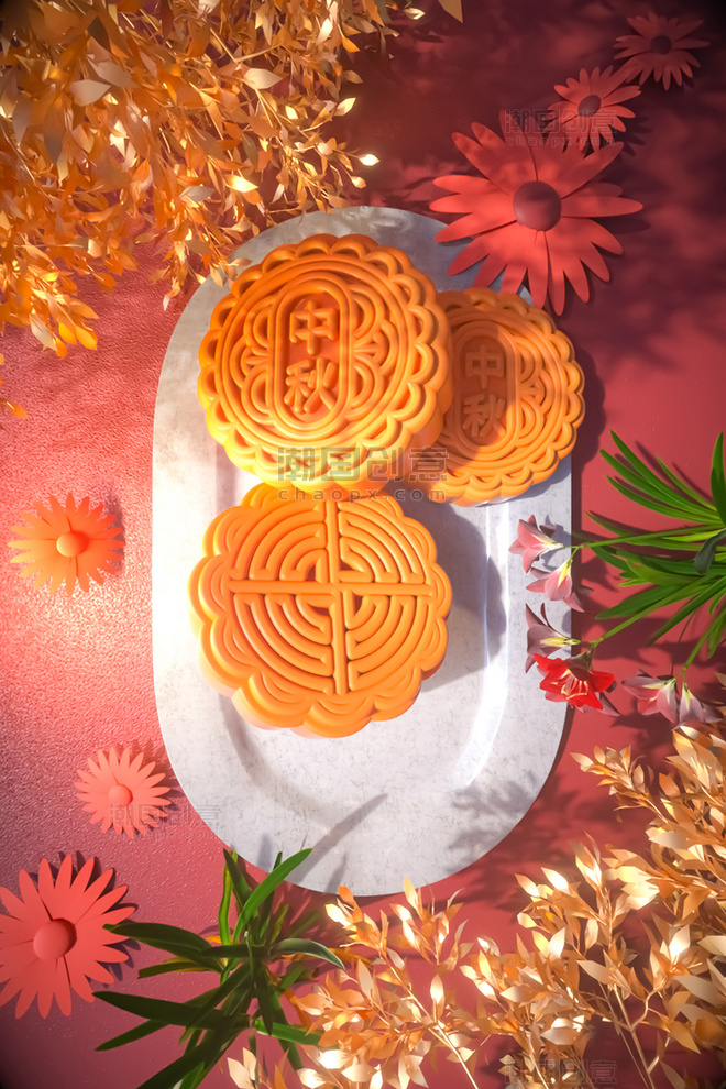八月十五C4D立体中秋团圆节黄色写实月饼3D背景