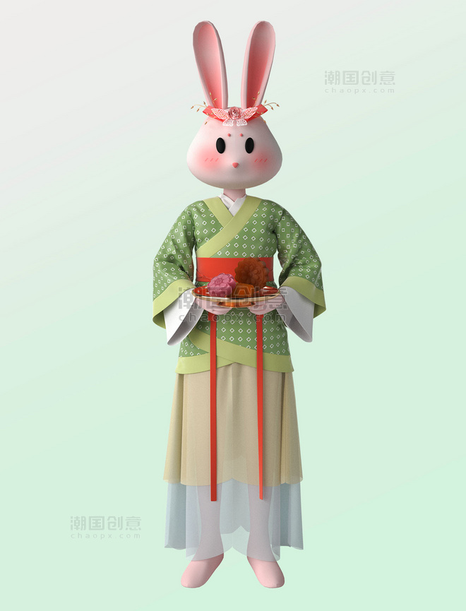 3D立体中秋节国潮风兔子中国风古代人物