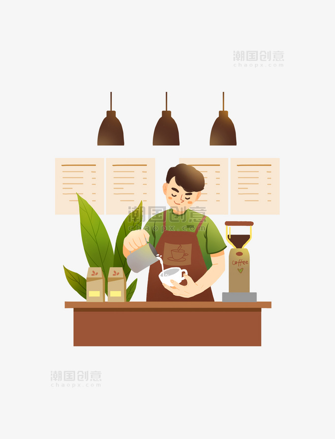 奶茶饮品制作咖啡coffee咖啡师扁平卡通人物
