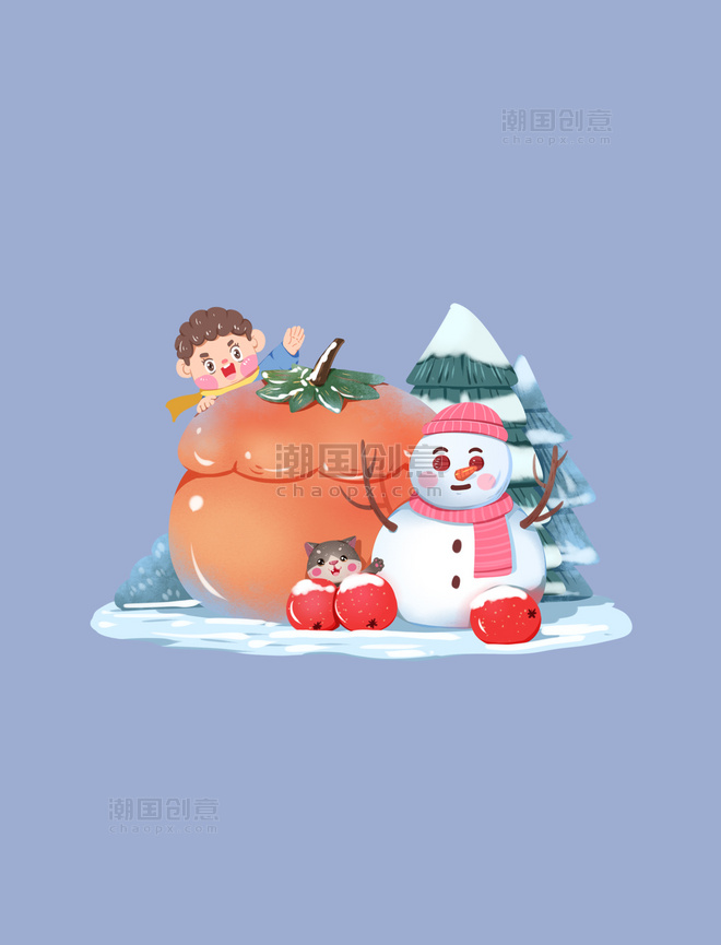 大寒大雪冬季雪景冬景堆雪人滚雪球山楂柿子