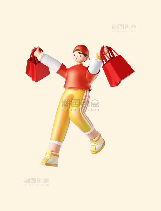 新年3D立体购物人物年货节电商促销提购物袋