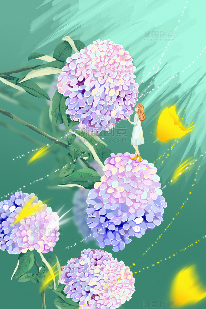 夏日五月你好绣球花植物夏天插画