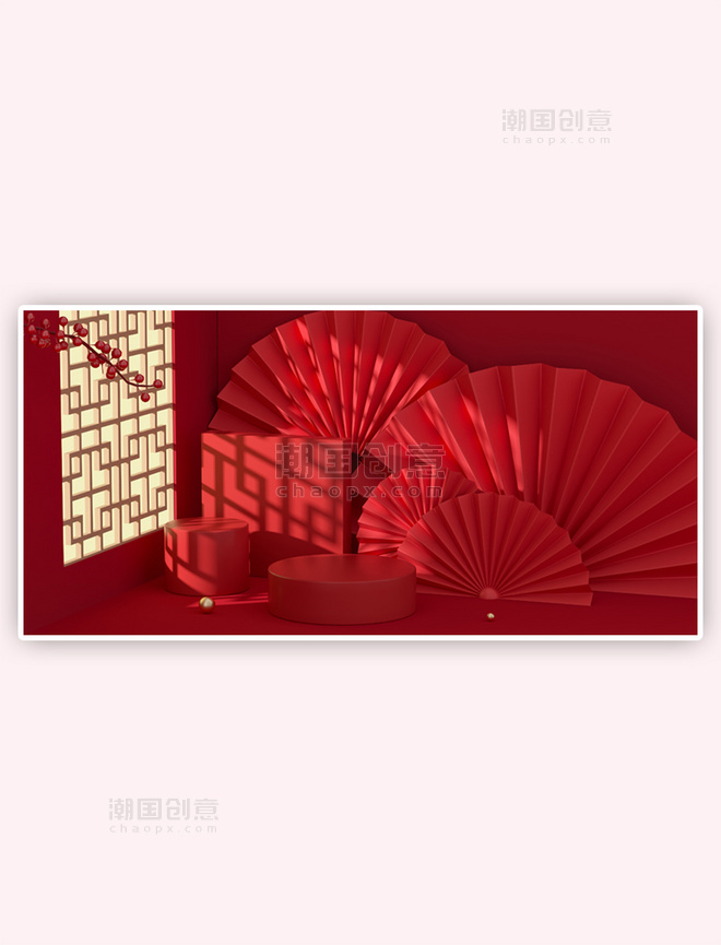中国风窗户红小清新展台背景
