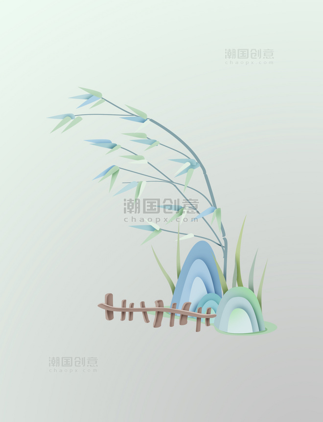 篱笆田园唯美意境中国风剪纸竹子山水清明清明节元素