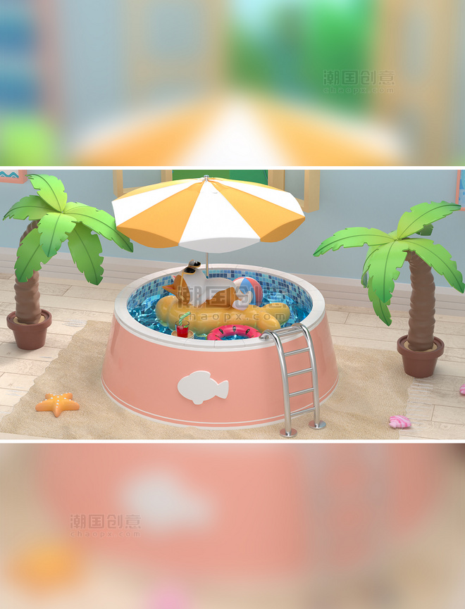 C4D立体3D夏日室内猫食盆游泳池椰子树晒太阳横版