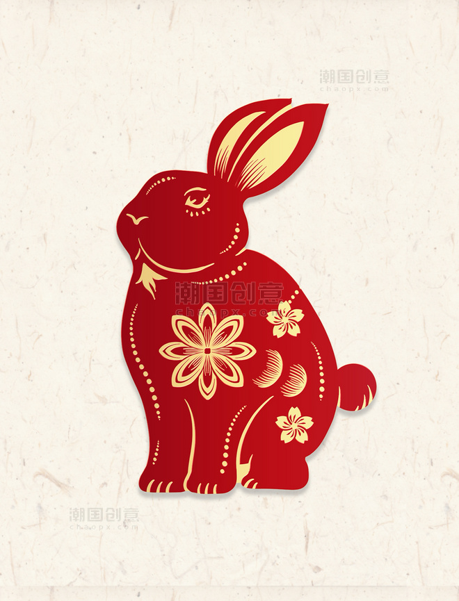 兔年春节新春新年红色红金立体剪纸兔子