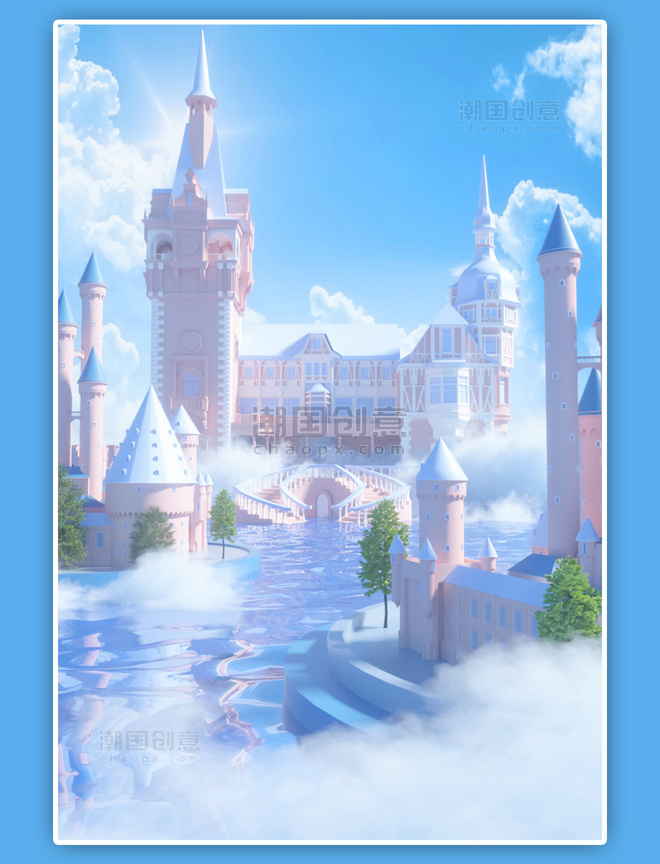 C4D城堡户外建筑蓝色梦幻立体