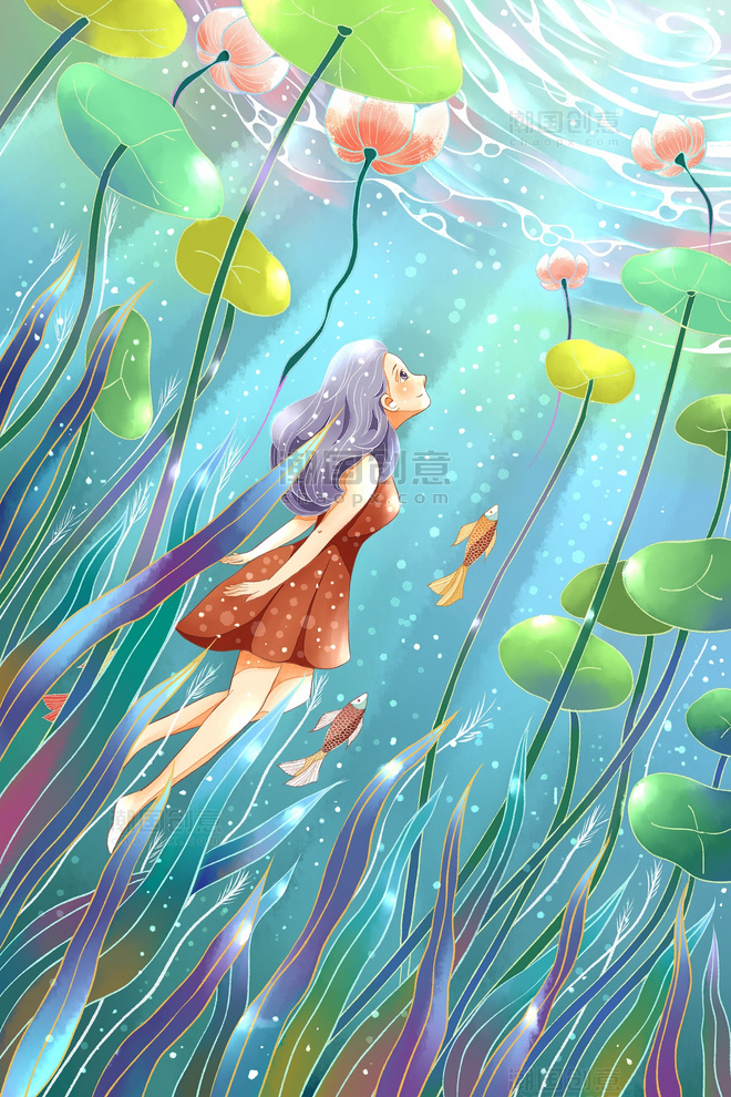 夏天立夏光影下水下清新荷塘里的女孩手绘插画背景海报