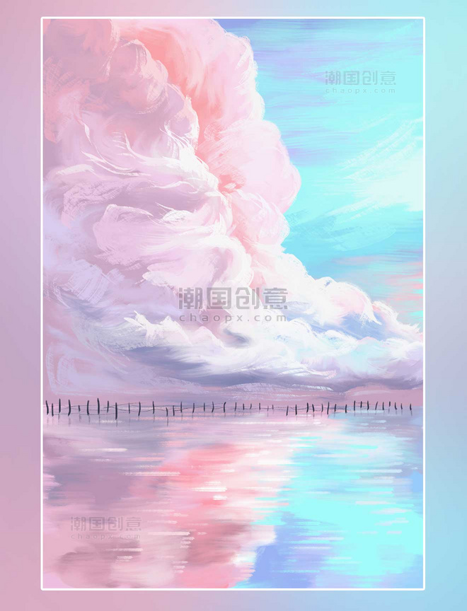 海边多云的天空云美景大海手绘插画背景