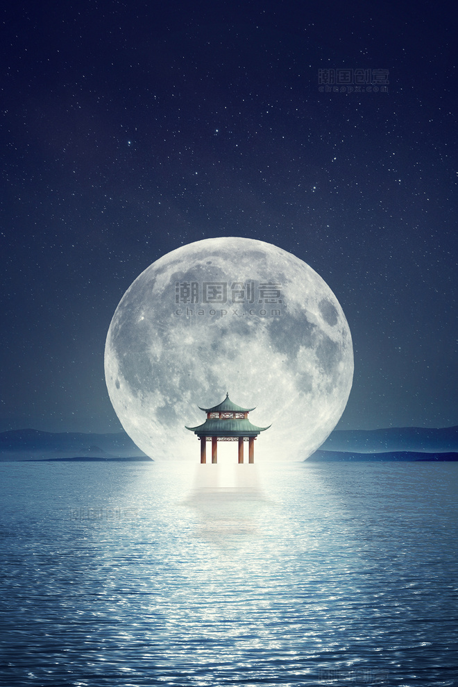 中秋月亮蓝色中式建筑亭子背景