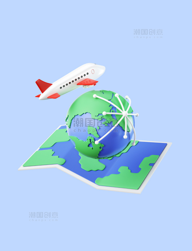 c4d地图全球化元素旅游地图行程机票旅行3D