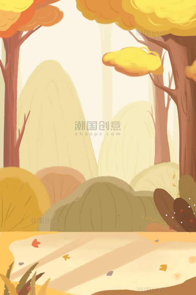 秋季金色立秋秋天手绘绘本卡通风景