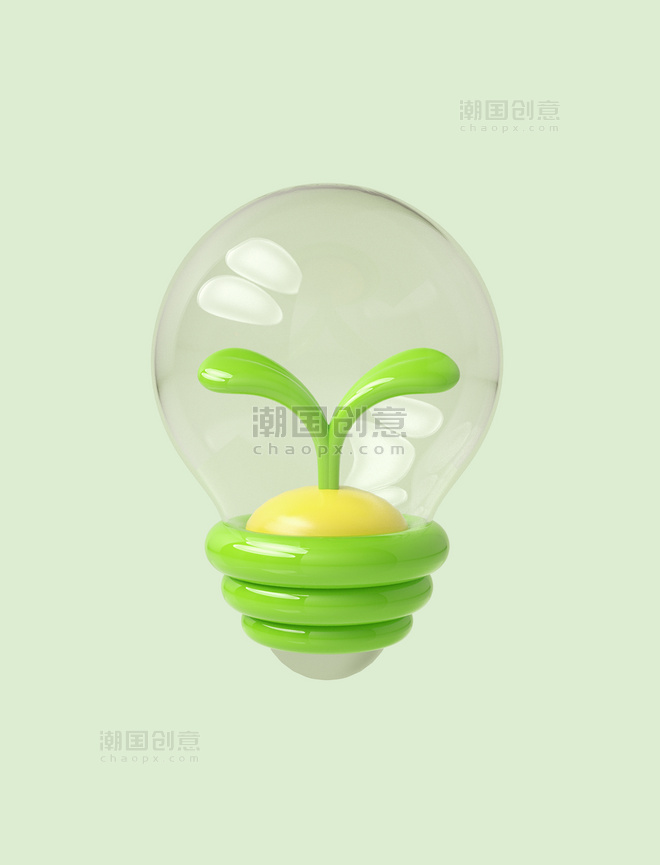 3D立体C4D绿色能源灯泡