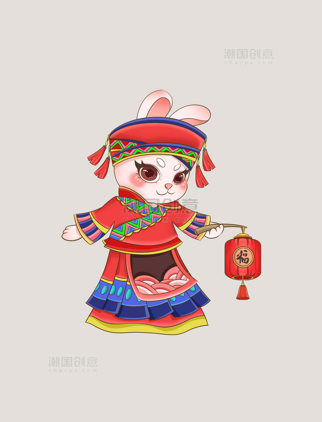 红色可爱春节壮族民族风服饰拿灯笼兔子元素