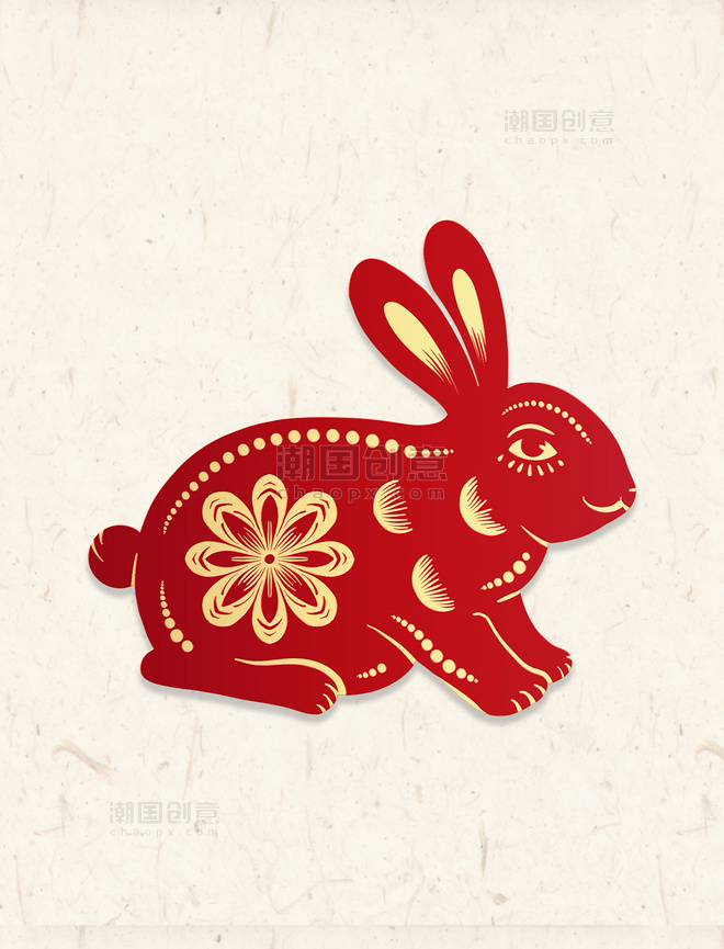 兔年春节新年新春红色红金立体剪纸兔子