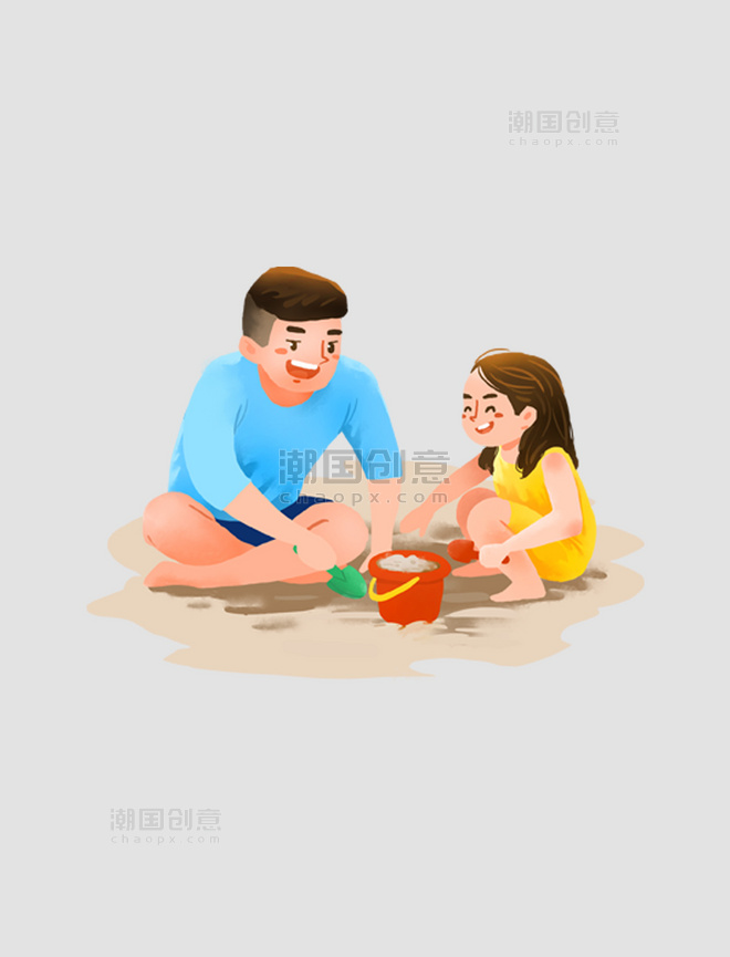 爸爸和女儿沙滩开心玩沙子