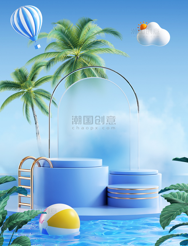 蓝色夏季夏天清新电商产品展台海报背景