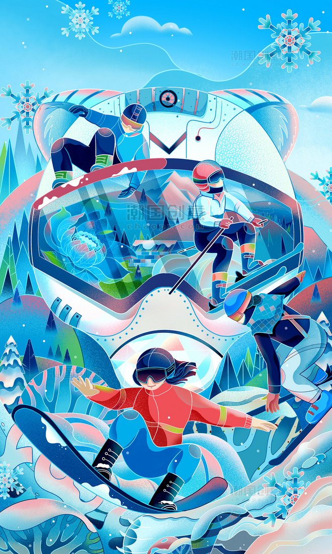 冬日运动滑雪北极熊国潮中国风插画冬天冬季体育竞技