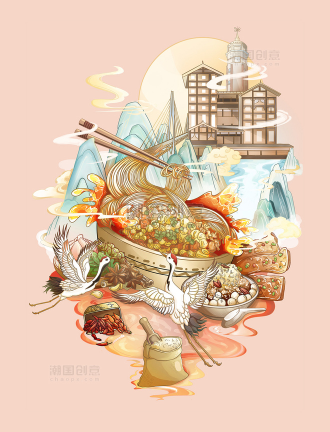 重庆美食小面餐饮美食国潮山水地标建筑中国风插画
