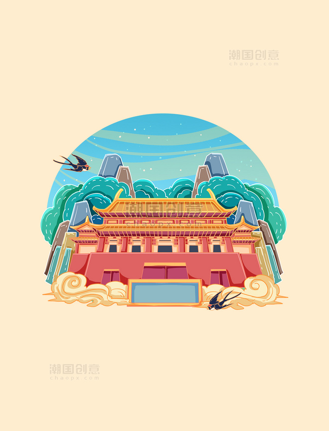 国潮中国风建筑北京故宫装饰旅游景点插画