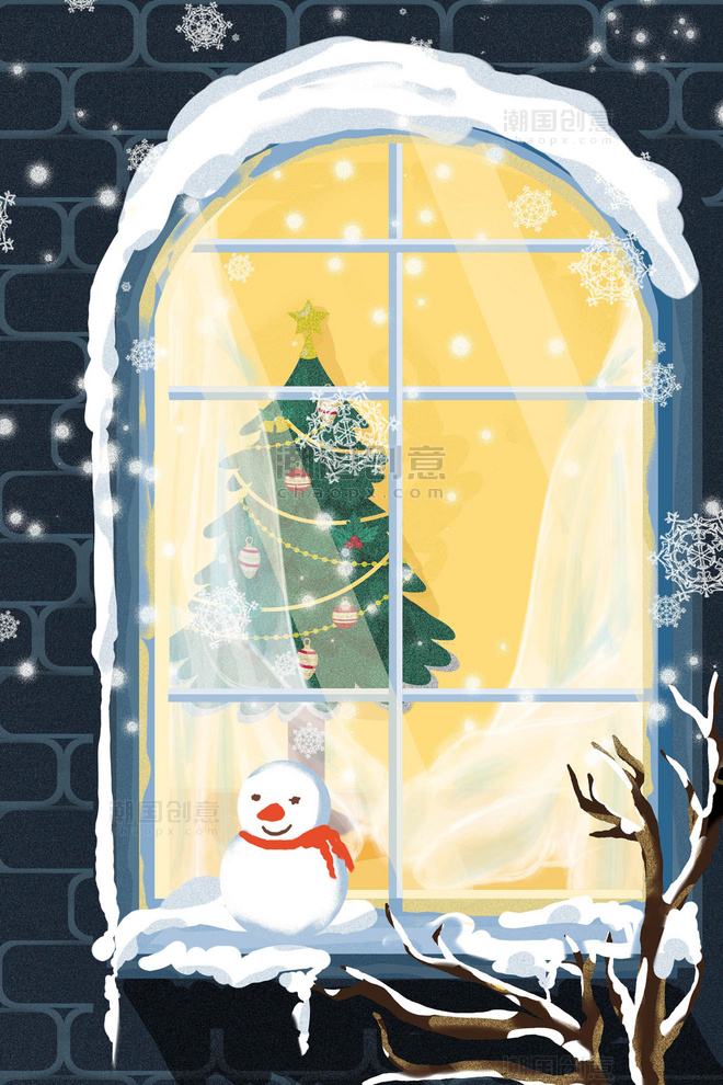 冬天冬季厚涂圣诞节窗台唯美风景插画