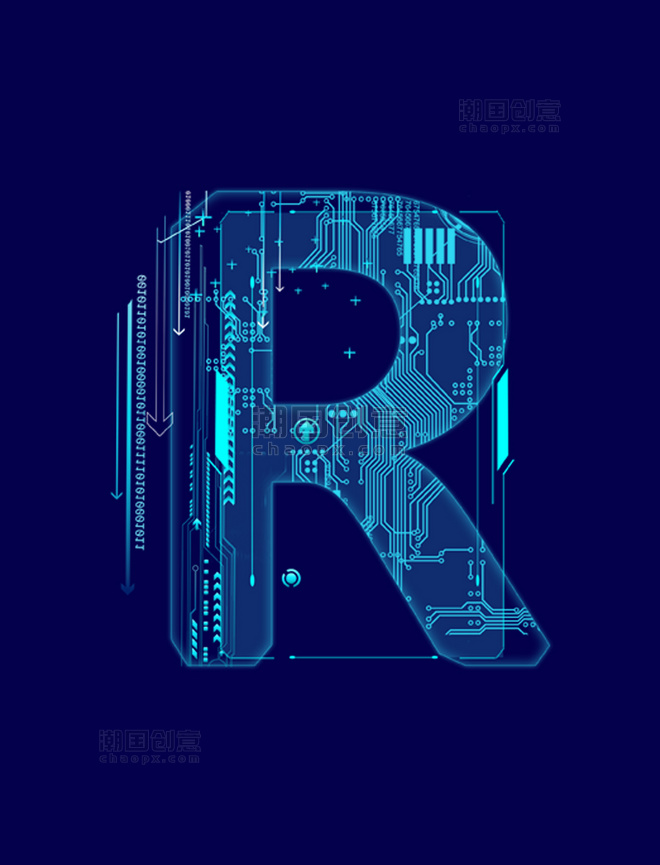 蓝色科技线条字母R