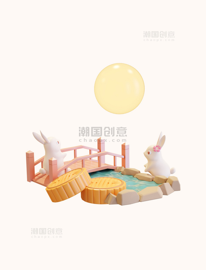 3D立体中秋中秋节两只兔子赏月元素