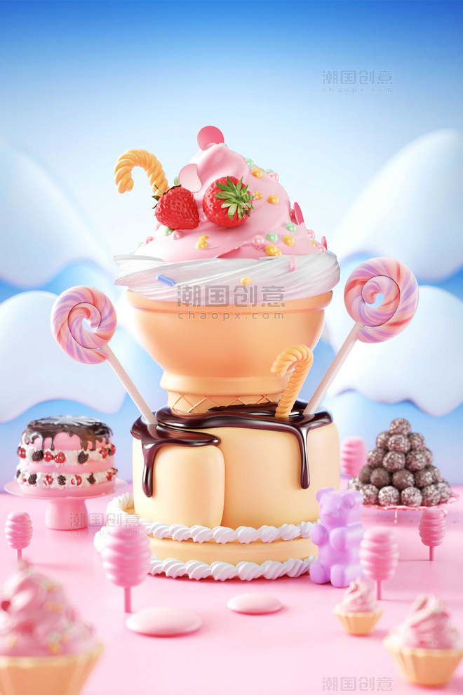 3D立体夏日冰淇淋甜点c4d立体场景夏天餐饮美食冷饮甜点