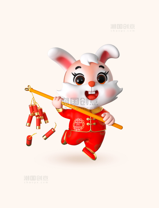 3d卡通兔子兔年新年春节吉祥物模型放鞭炮