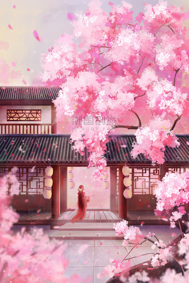 中国风手绘粉色插画古风粉色樱花春天