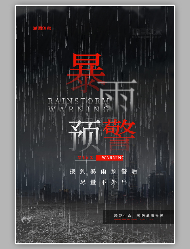 暴雨预警城市摄影图背景黑色简约海报