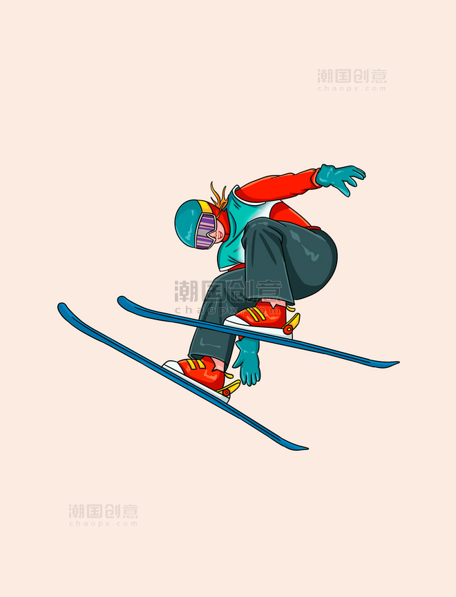 手绘冬天运动滑雪的人物主题元素