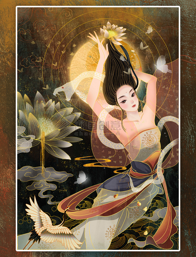 手绘国潮中国风壁画民间传说白蛇古风美女插画