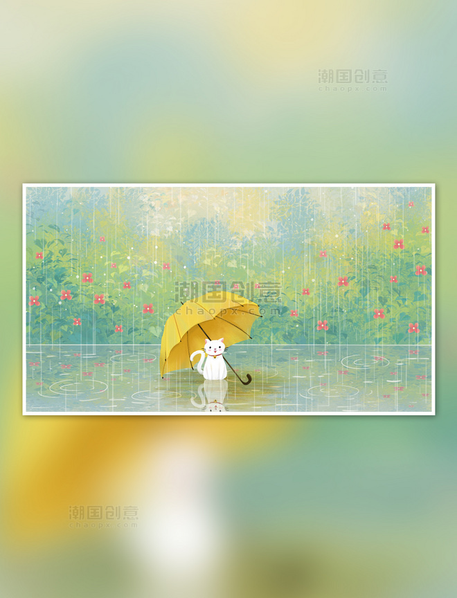 雨水节气之雨伞与猫治愈系场景插画
