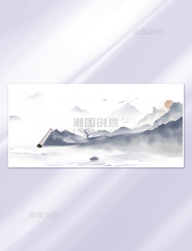 卷轴水墨山水灰系中国风山水画卷背景