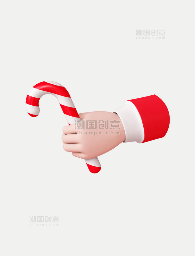 红色卡通3D立体圣诞圣诞节手拿拐杖双旦