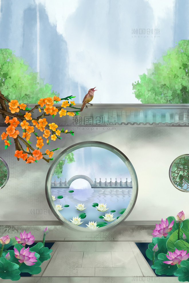 中国风圆形拱门园林山水庭院荷花夏季风景手绘插画