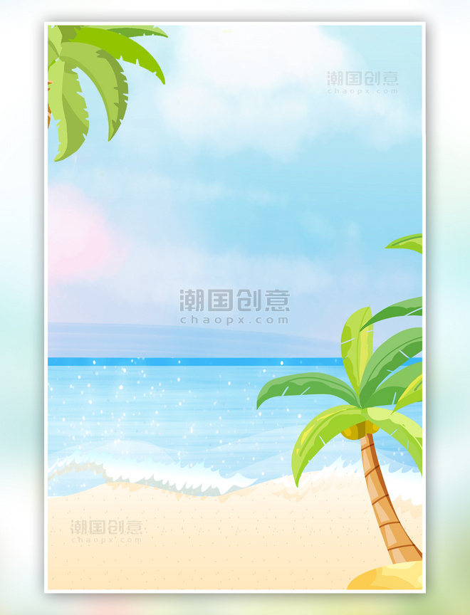 夏天夏季沙滩椰树蓝天白云清新背景