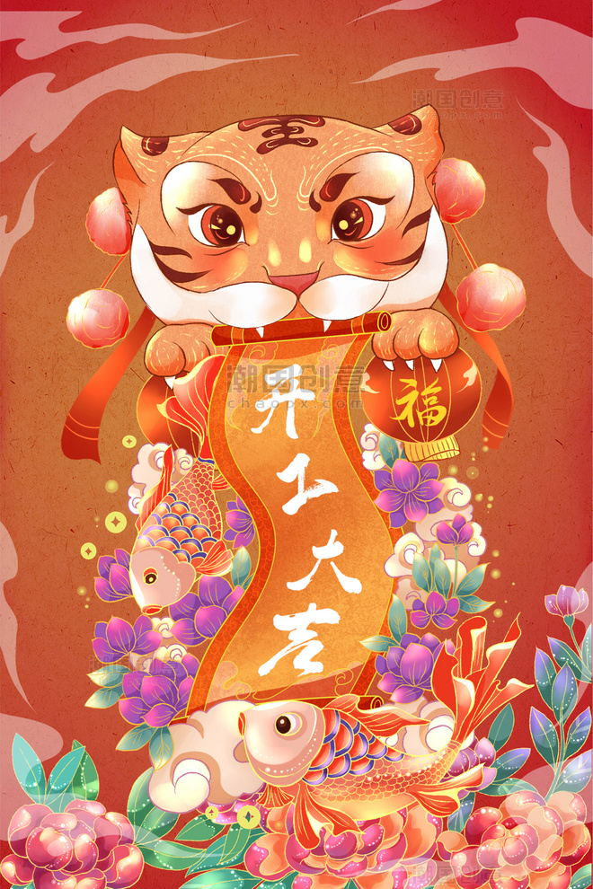 新年快乐狮子春节喜庆国潮风手绘插画