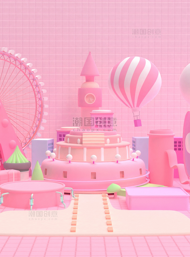 3D立体粉色游乐园场景520场景展台情人节甜点