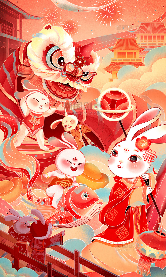 兔年新年国风插画春节