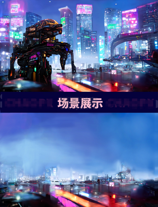 蓝紫色未来赛博朋克巨型机器漫游科幻城市摩天大厦夜景插画