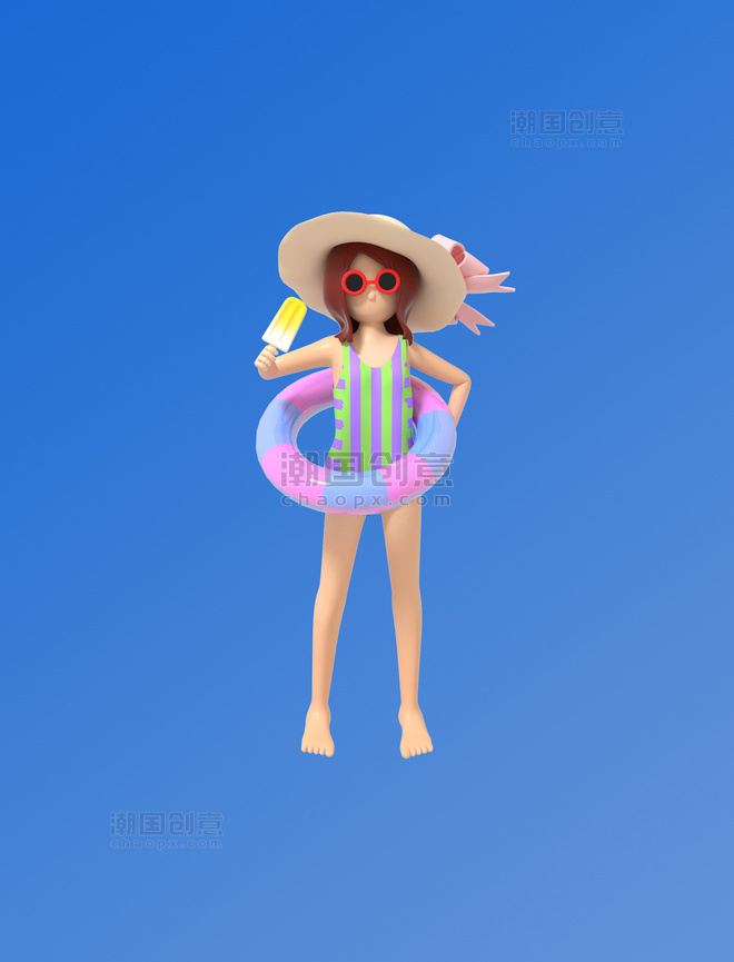3D立体夏天海边沙滩泳装游泳圈少女
