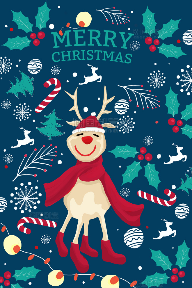 圣诞节麋鹿涂鸦风格节日插画