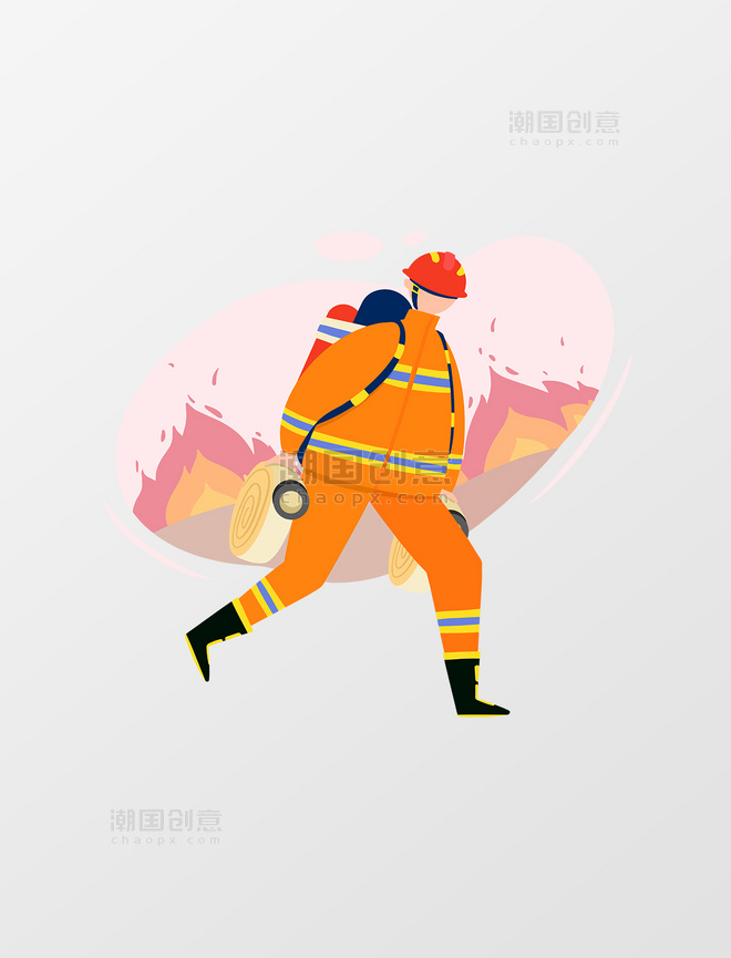橘色扁平风消防员双手提水管奔走人物主题元素