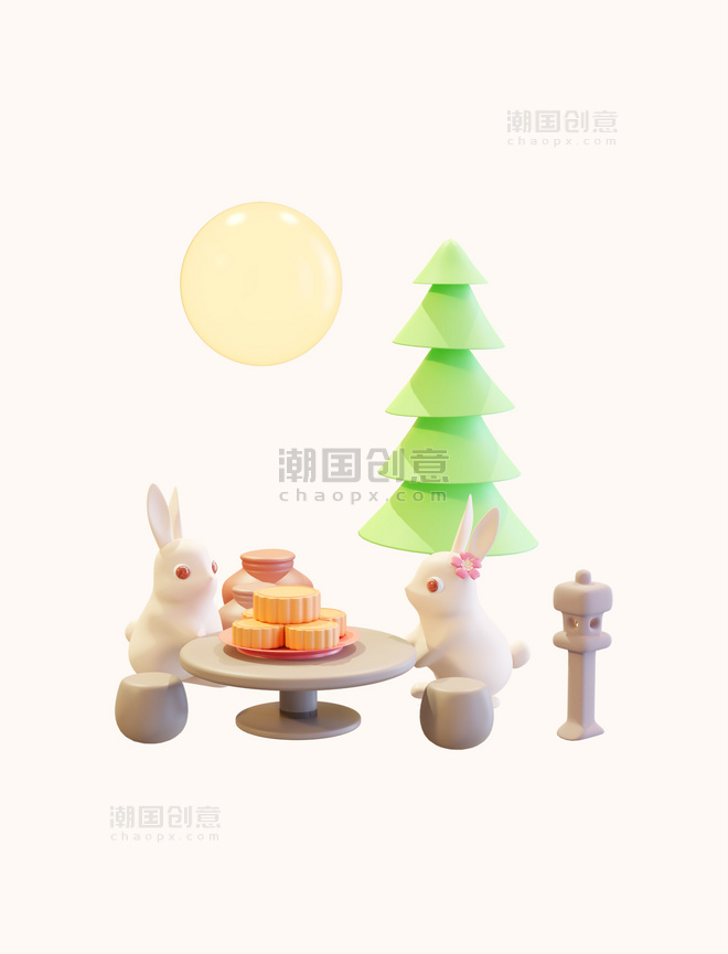 3D立体中秋中秋节吃月饼兔子赏月元素
