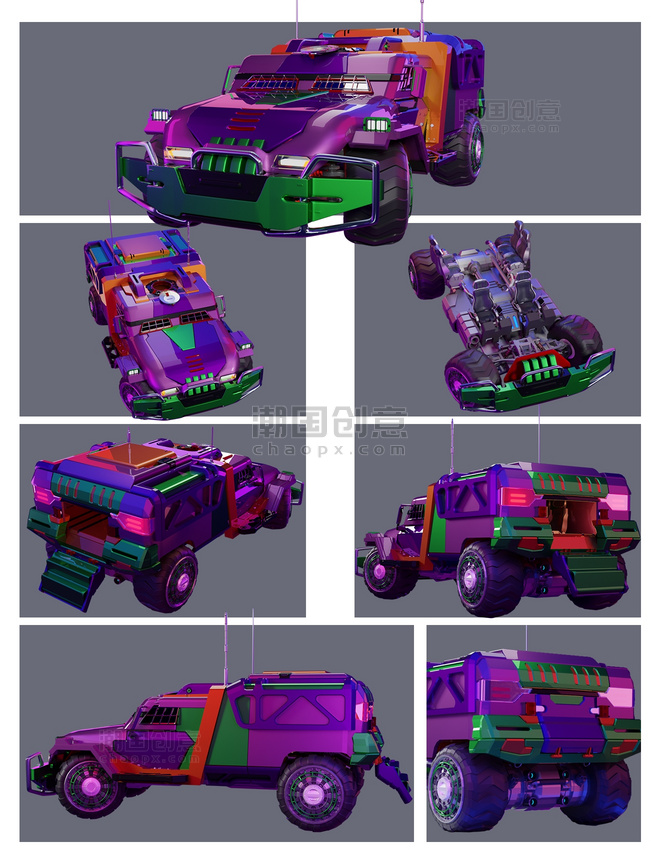 紫色3D科幻吉普车汽车装甲车