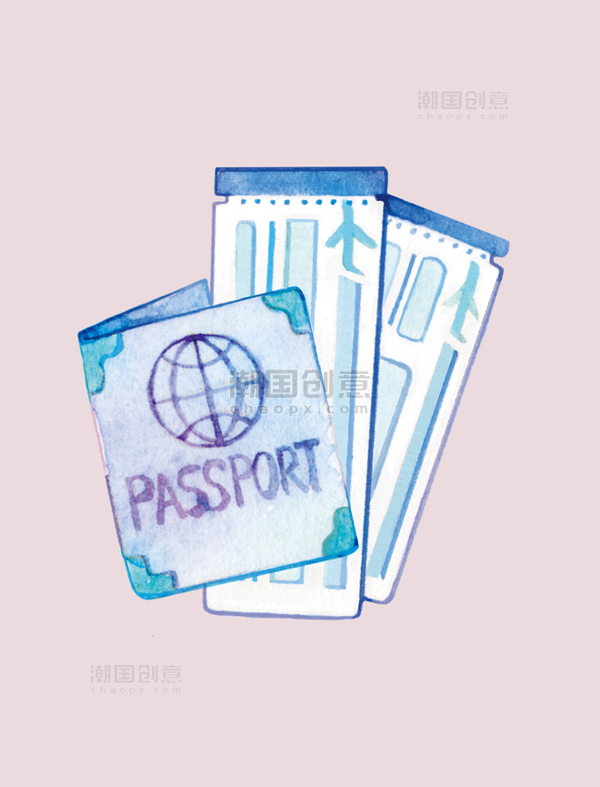 手绘水彩护照飞机票旅行用品手账贴纸