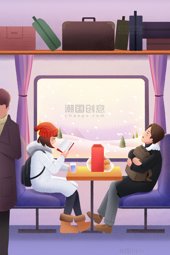 新春佳节春运回家途中人物插画高铁火车